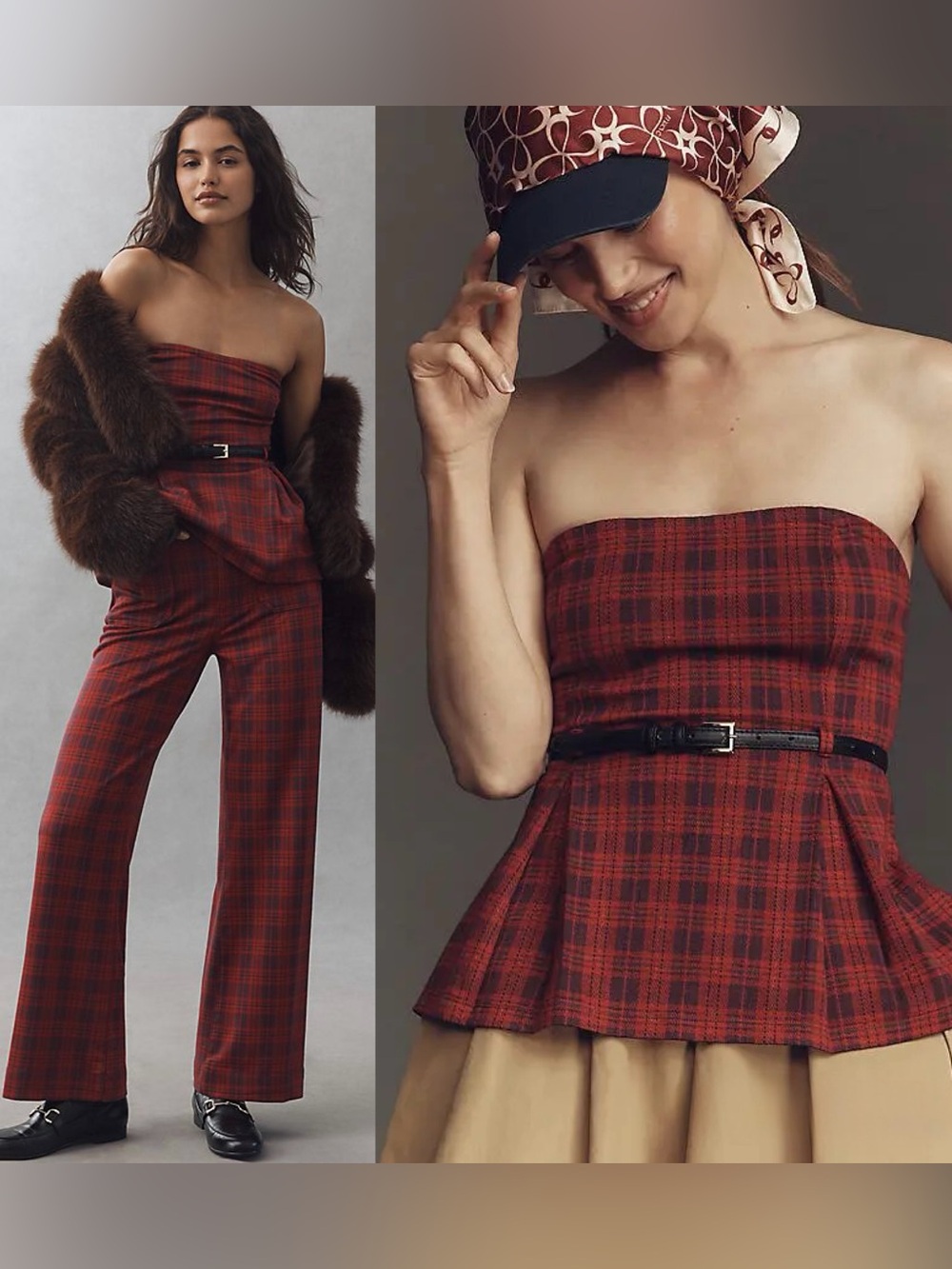 NWT Anthropologie Maeve Tartan Plaid Belted Strapless Top Womens Large Red Multi
